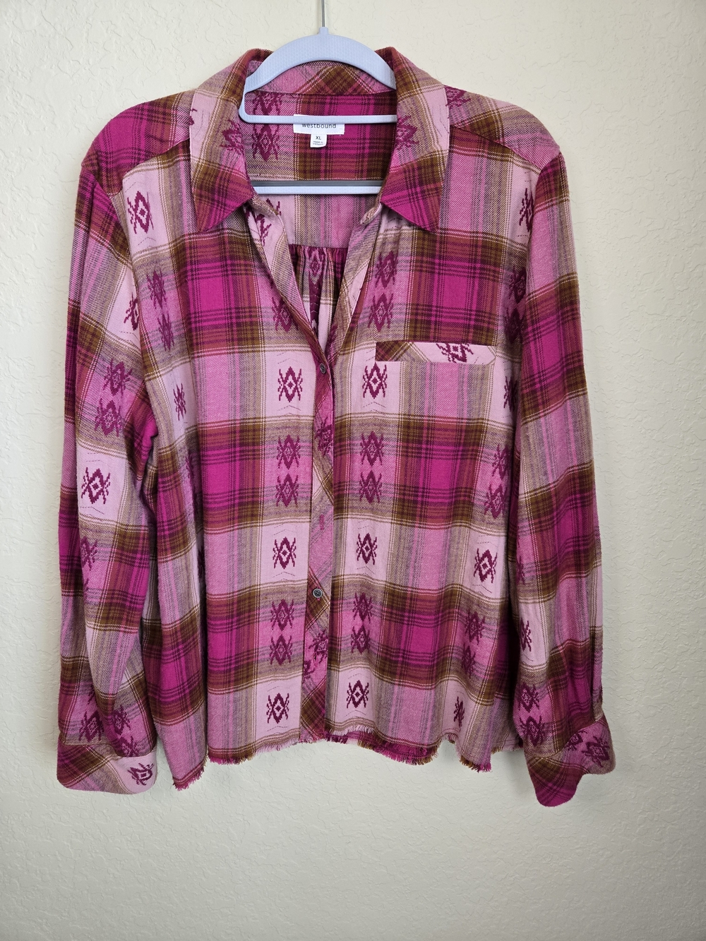 Westbound Pink Plaid Button-Front Shirt With Raw Hem